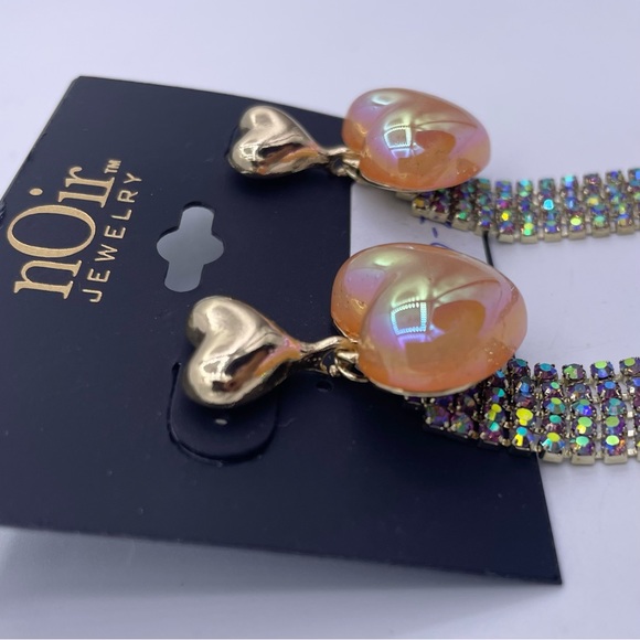 NOIR long tassel rhinestone heart shaped drop dangle earrings- New - Picture 6 of 10